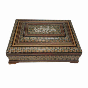جعبه قرآن چوبی زیبا – خاتم میناکاری شده با روکش مخمل مدل بسم الله