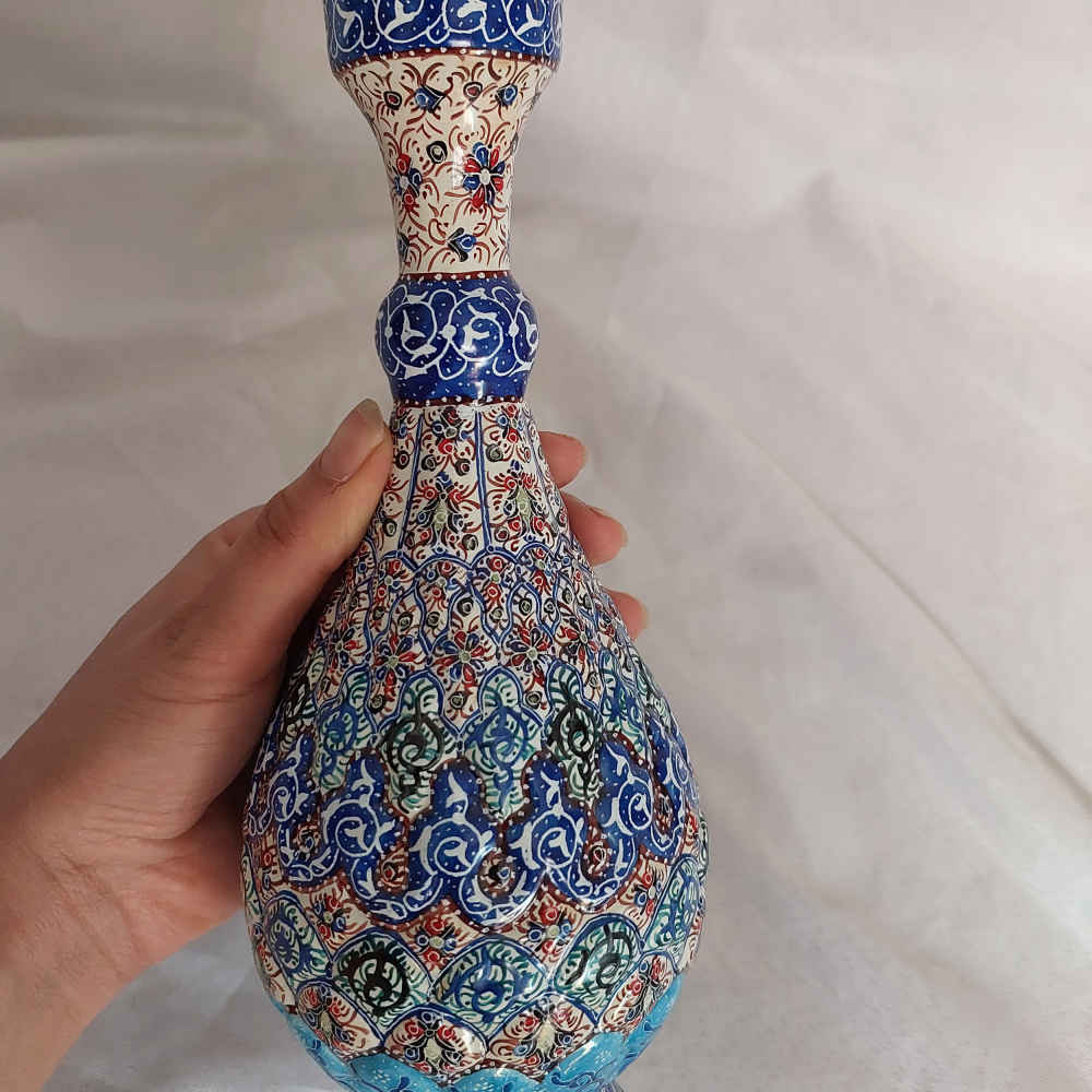 بطری مسی تزئینی میناکاری ایرانی طرح اسلیمی