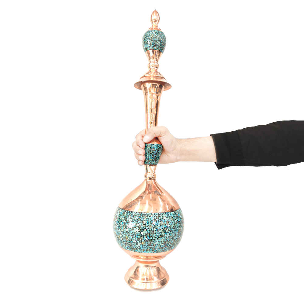 بطری مسی تزئینی فیروزه کوبی شده با هنر ایرانی