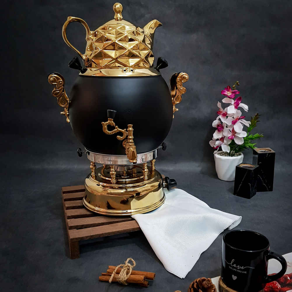 چای ساز سماور گازی با قوری طرح هندسی مدرن ۶ لیتری