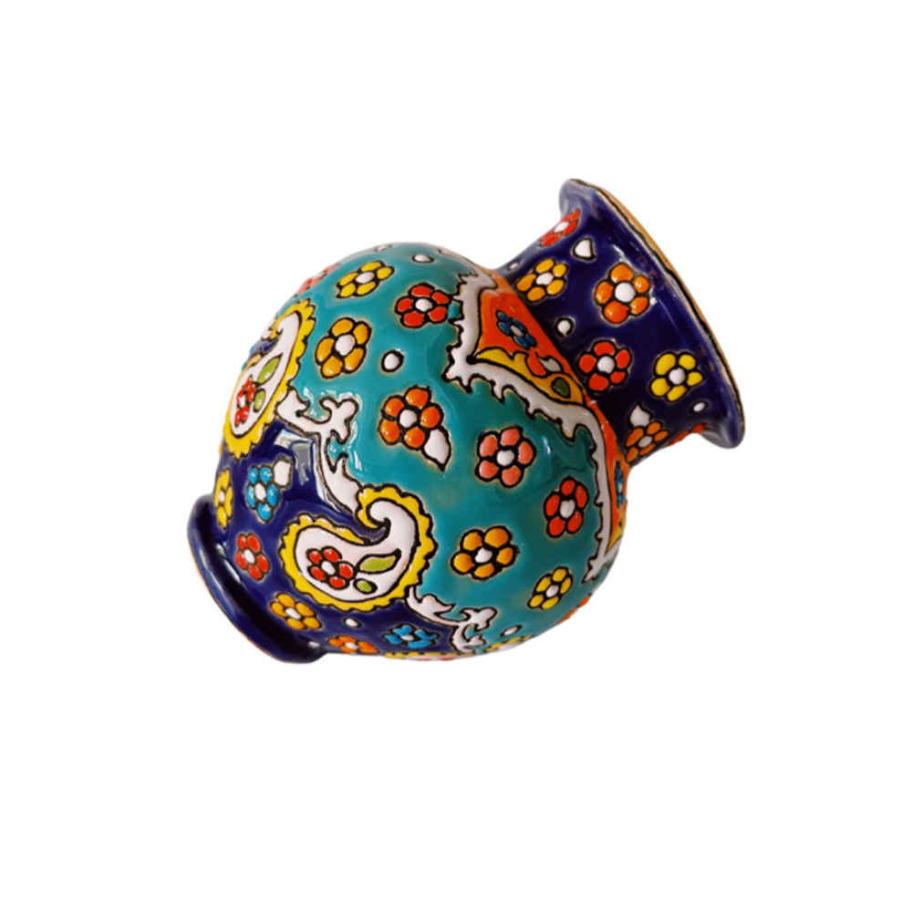 گلدان تزئینی با میناکاری ایرانی نقاشیشده با دست، مدل وهاب با فرم گشاد و هنر گلها