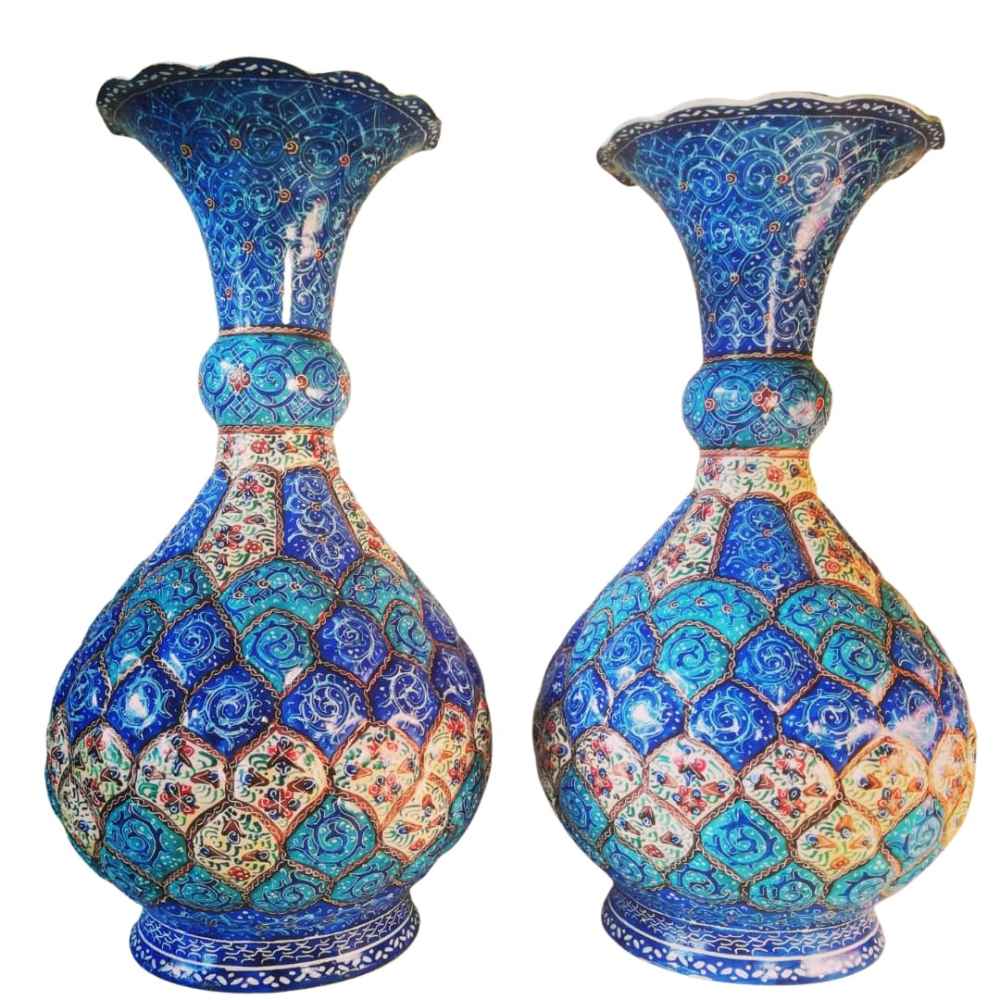 گلدان مسی تزئینی دوعددی با میناکاری ایرانی نقاشیشده با دست، با طراحی گلهای آنا