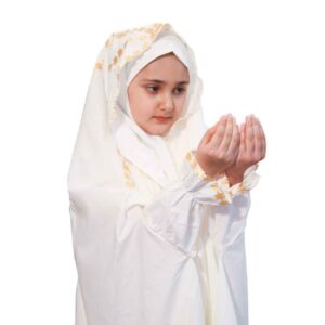 نماز چادر دخترانه اسلامی سفید مدل خورشیدی