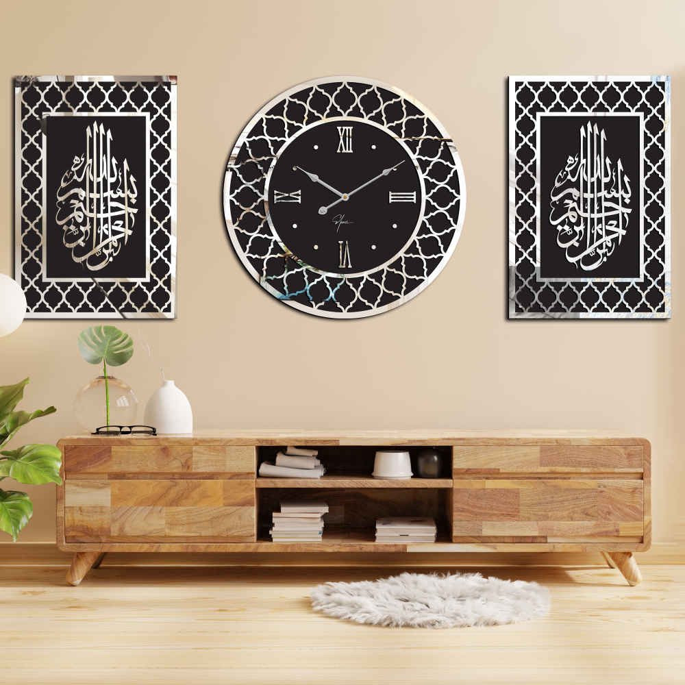 ست ساعت دیواری سه تکه اسلامی با طرح بسم الله الرحمن الرحیم