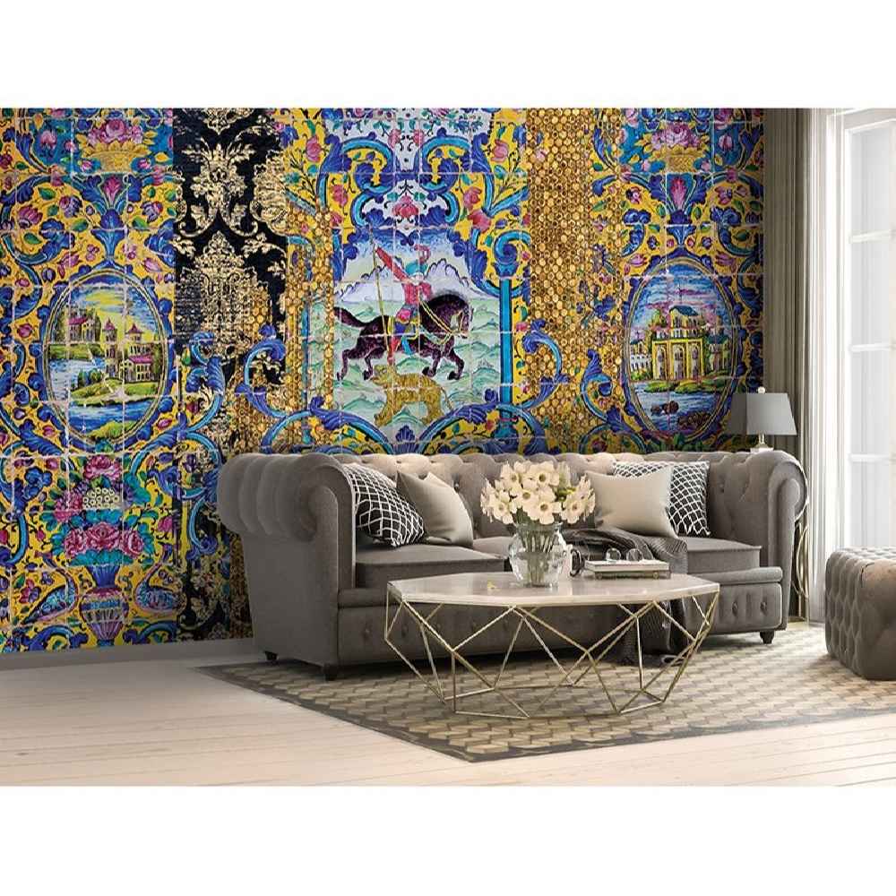 نقاشی دیواری سنتی آبی ایرانی مدل اسب برای فضای داخلی مدرن