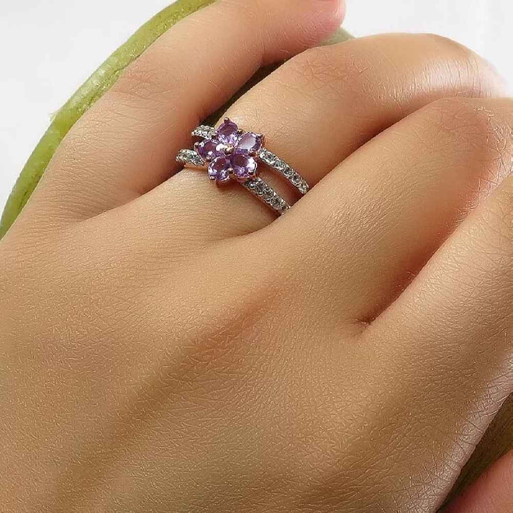 انگشتر نقره آمیتیست بنفش طرح گل زنانه