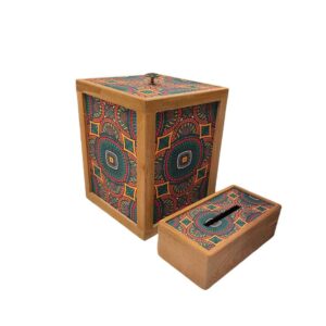 ست سطل زباله و جعبه دستمال کاغذی چوبی ایرانی – سنتی