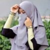 ست روسری و نقاب طرح کرپ اسلامی چهارخانه خاکستری زنانه