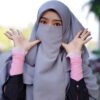 ست روسری و نقاب طرح کرپ اسلامی چهارخانه خاکستری زنانه