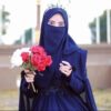 ست روسری و نقاب طرح کرپ اسلامی چهارخانه سرمه‌ای زنانه
