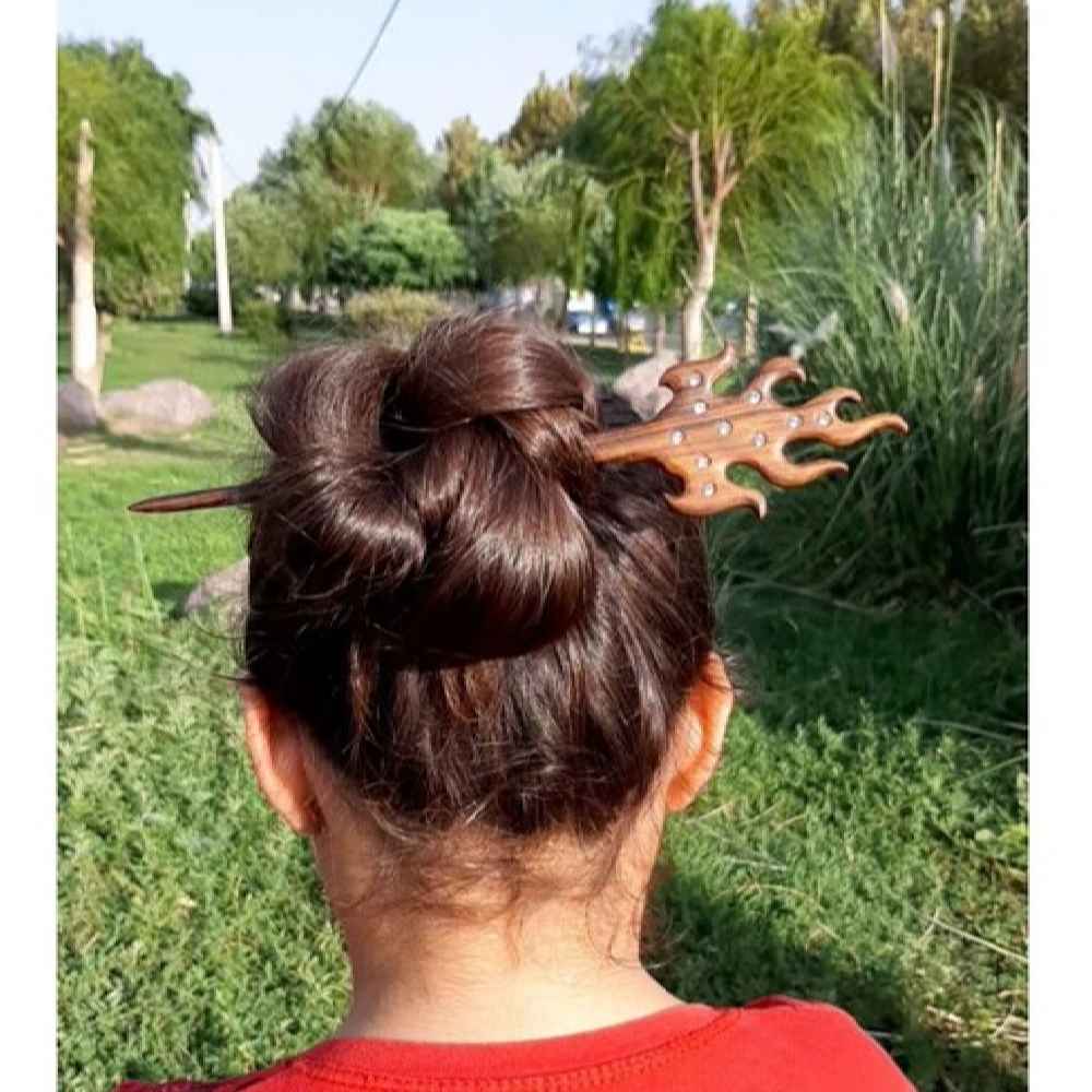 گیره موی چوبی کانزاشی طرح آتش ماتر دست ساز سایز بزرگ