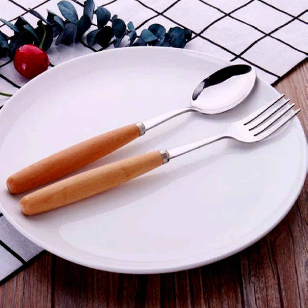 سرویس قاشق و چنگال قابل شستشو در ماشین ظرفشویی با دسته چوبی