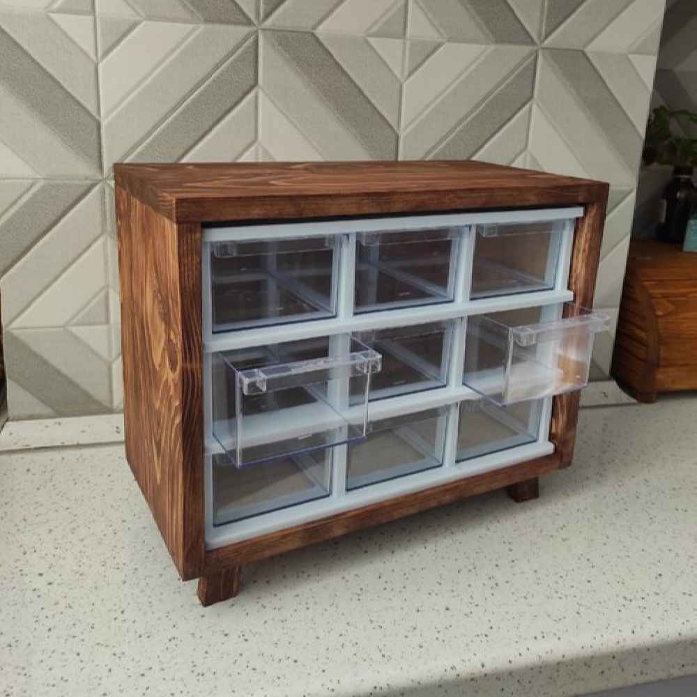 جعبه چوبی زیبا – راهکار ذخیرهسازی شیک با ۹ کابینت و کشوهای پلاستیکی