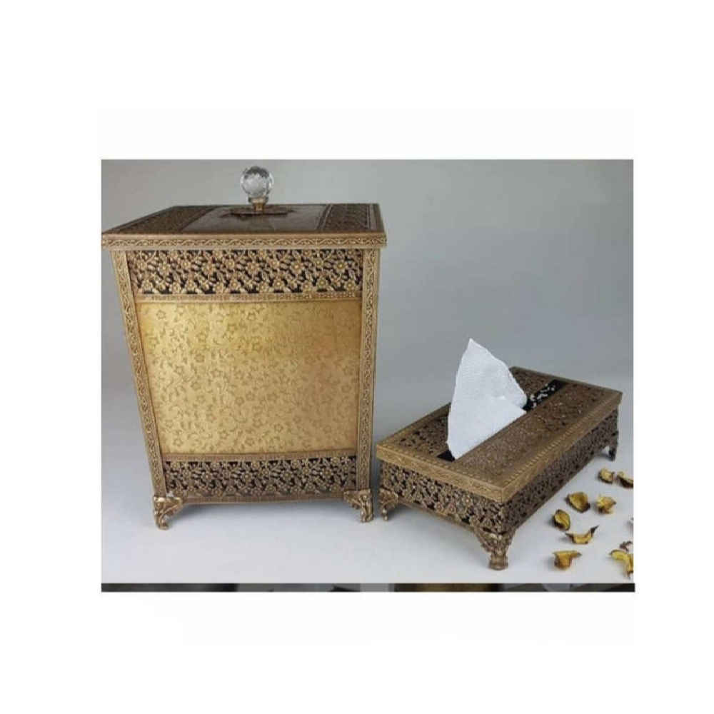 ست سطل زباله فلزی و جعبه دستمال کاغذی – رنگ طلایی مات