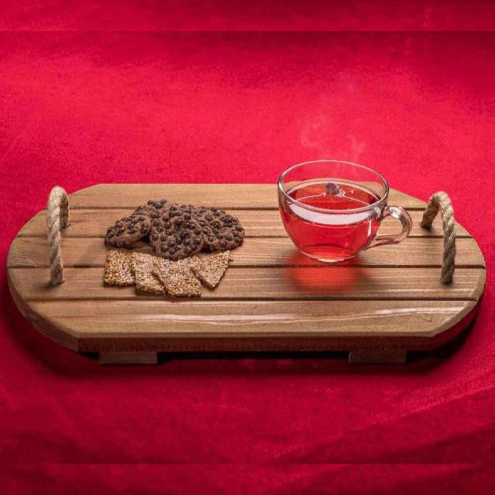 سینی چوبی مینیمال – مستطیل با دستهی کنفی طبیعت