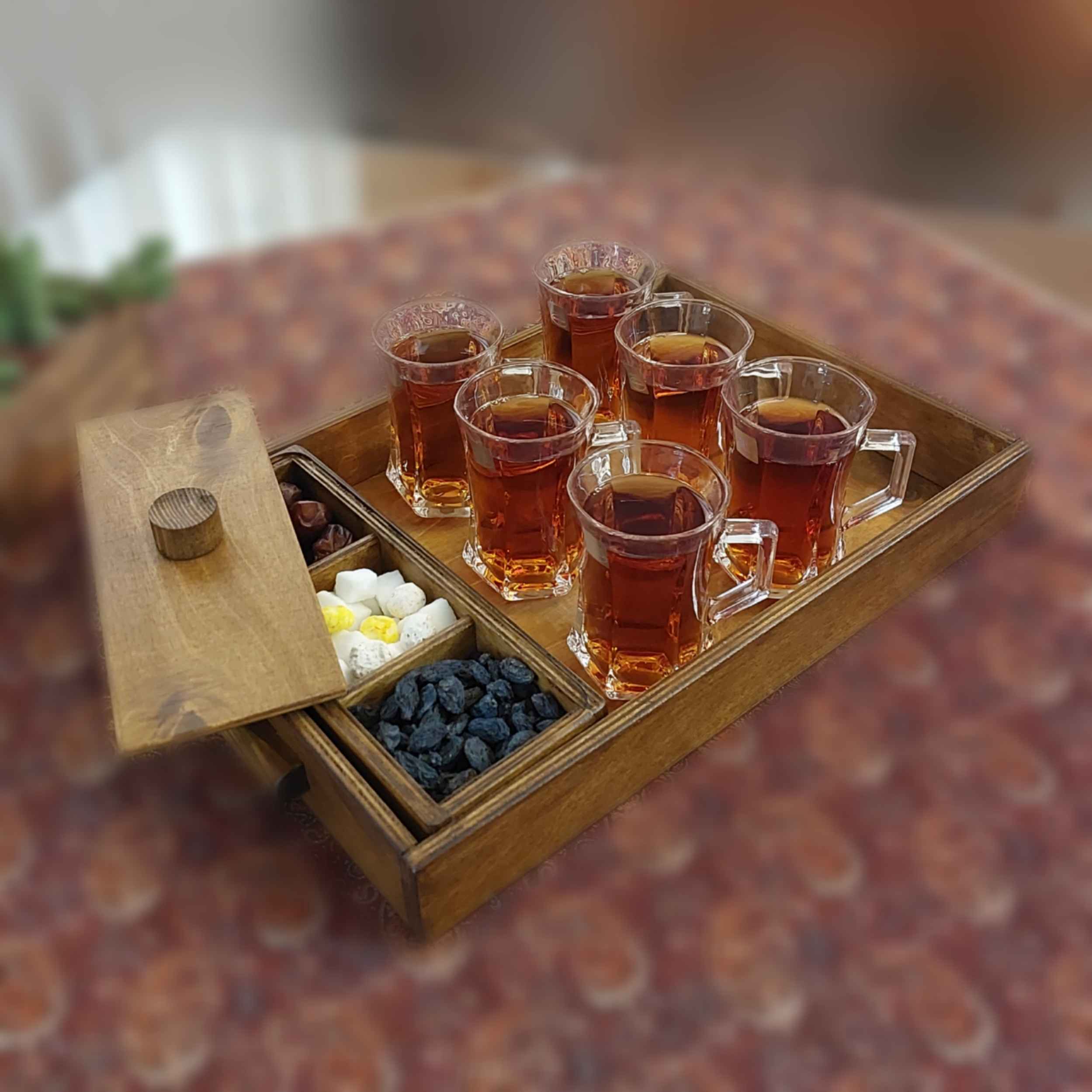 سینی چوبی سنتی – مستطیل با ظرفهای سنگی طبیعت