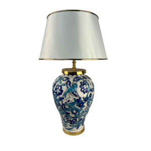آباژور رومیزی طرح گلدان سرامیکی دست‌ساز با شید پارچه‌ای با تم شرقی