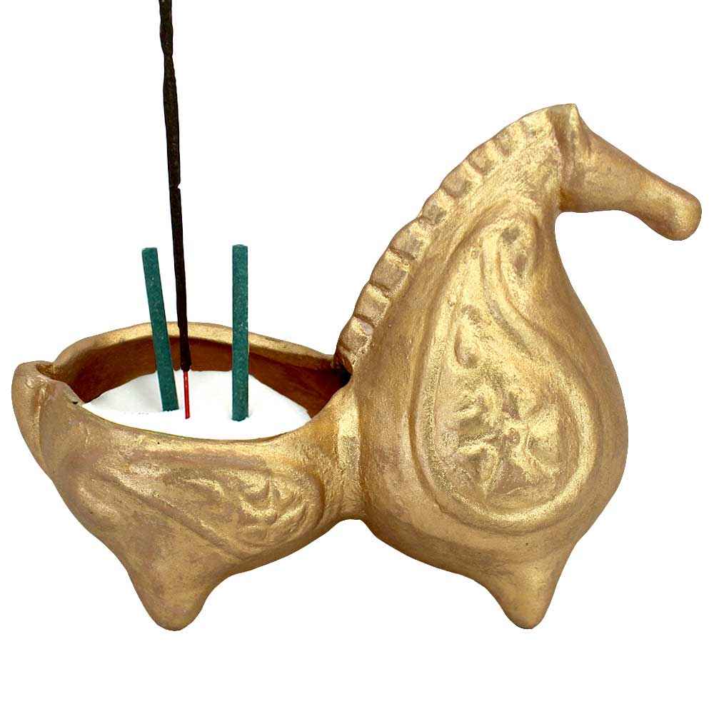 مجسمه عود سفالی طلایی دست‌ساز – طرح اسب