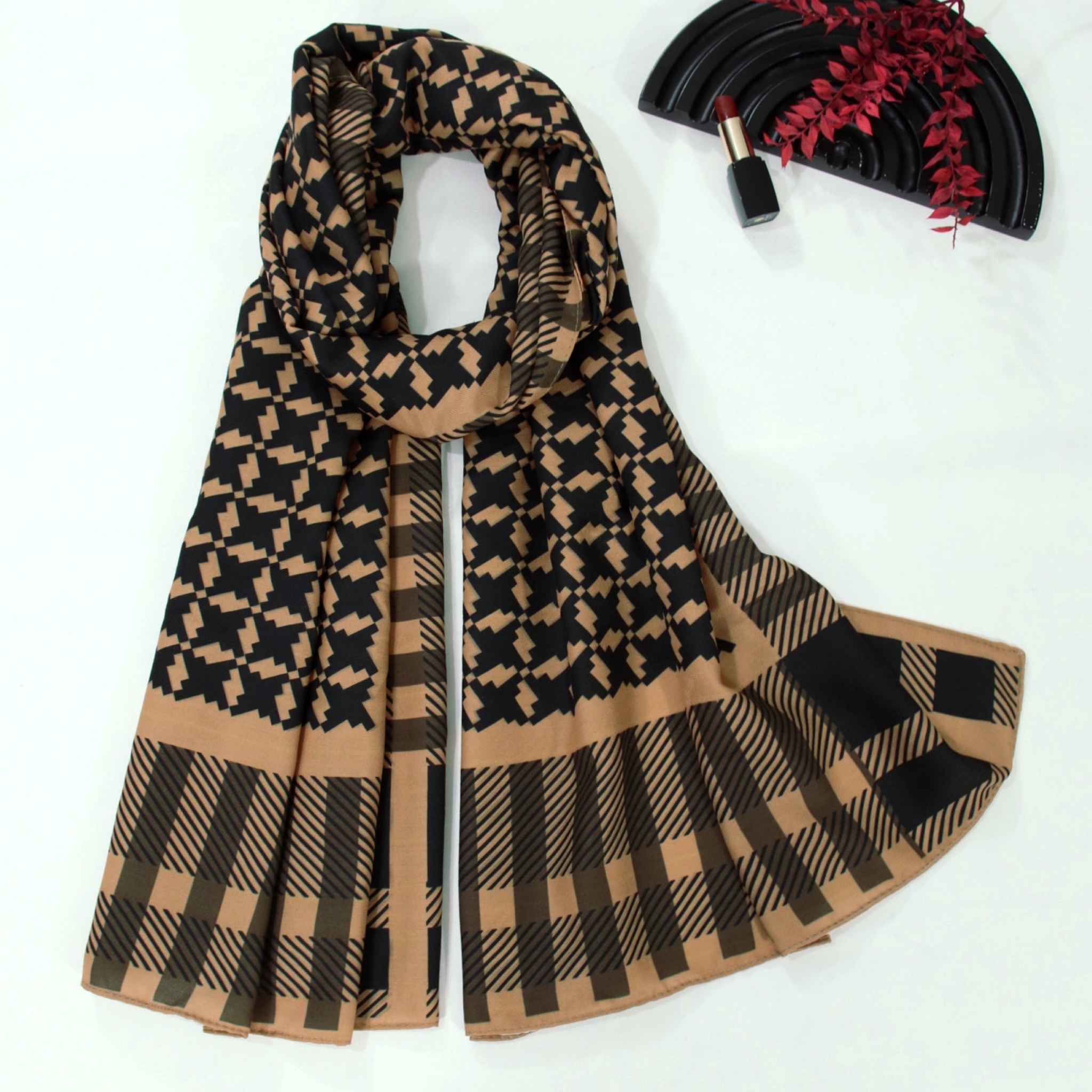 شال زنانه طرح دار قهوه ای Houndstooth مخصوص پاییز