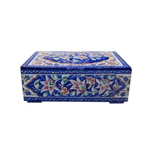جعبه جواهرات مسی نقاشی شده با دست با میناکاری آبی ایرانی