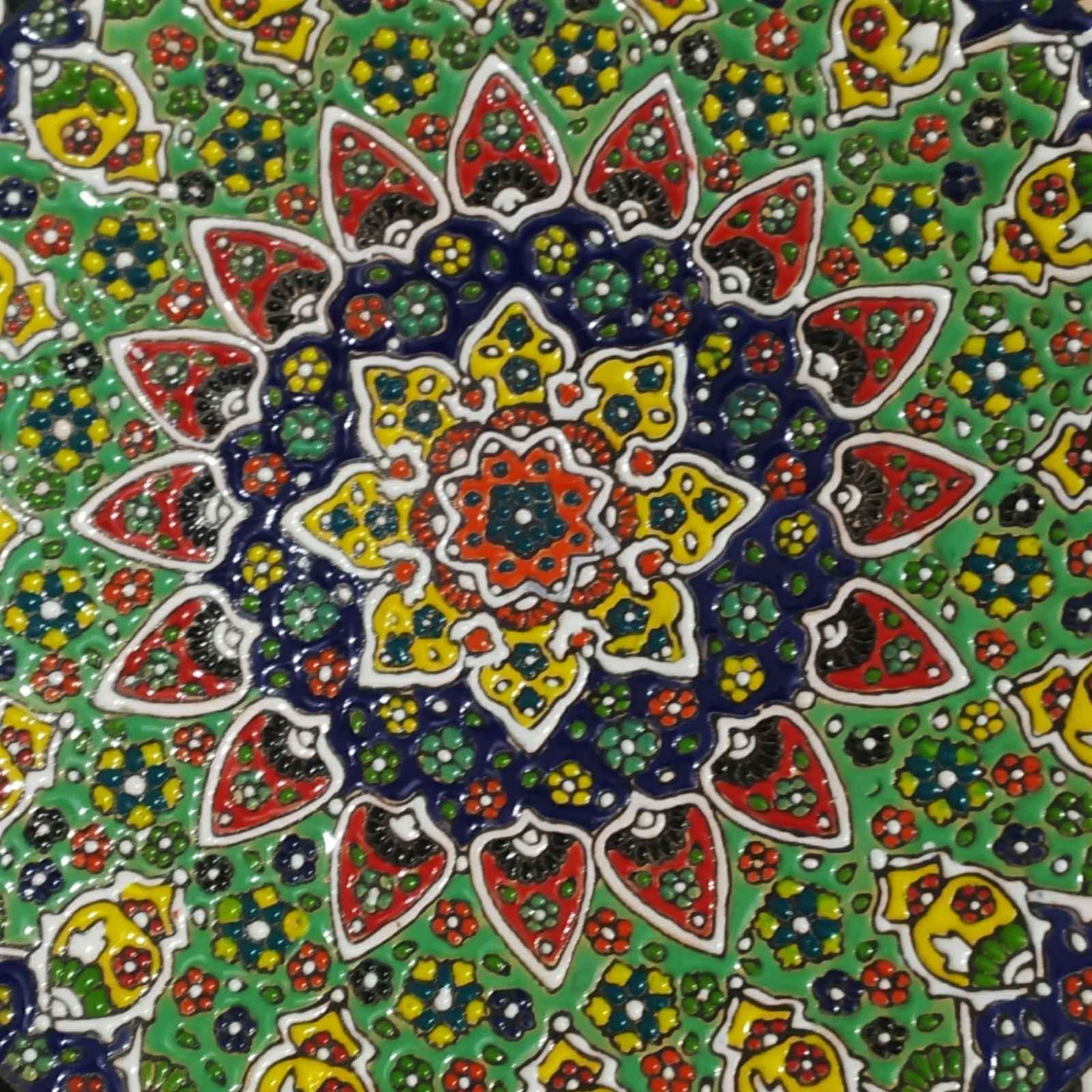 بشقاب سفالی تزئینی با طرح پرنده میناکاری ایرانی نقاشی شده با دست