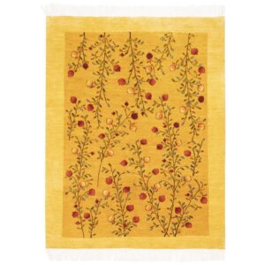 فرش گبه دست‌باف اصیل ایرانی – طرح گل، رنگ زرد، پشم طبیعی