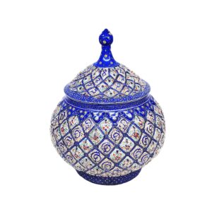 قندان مسی دست‌ساز ایرانی با درب – میناکاری آبی