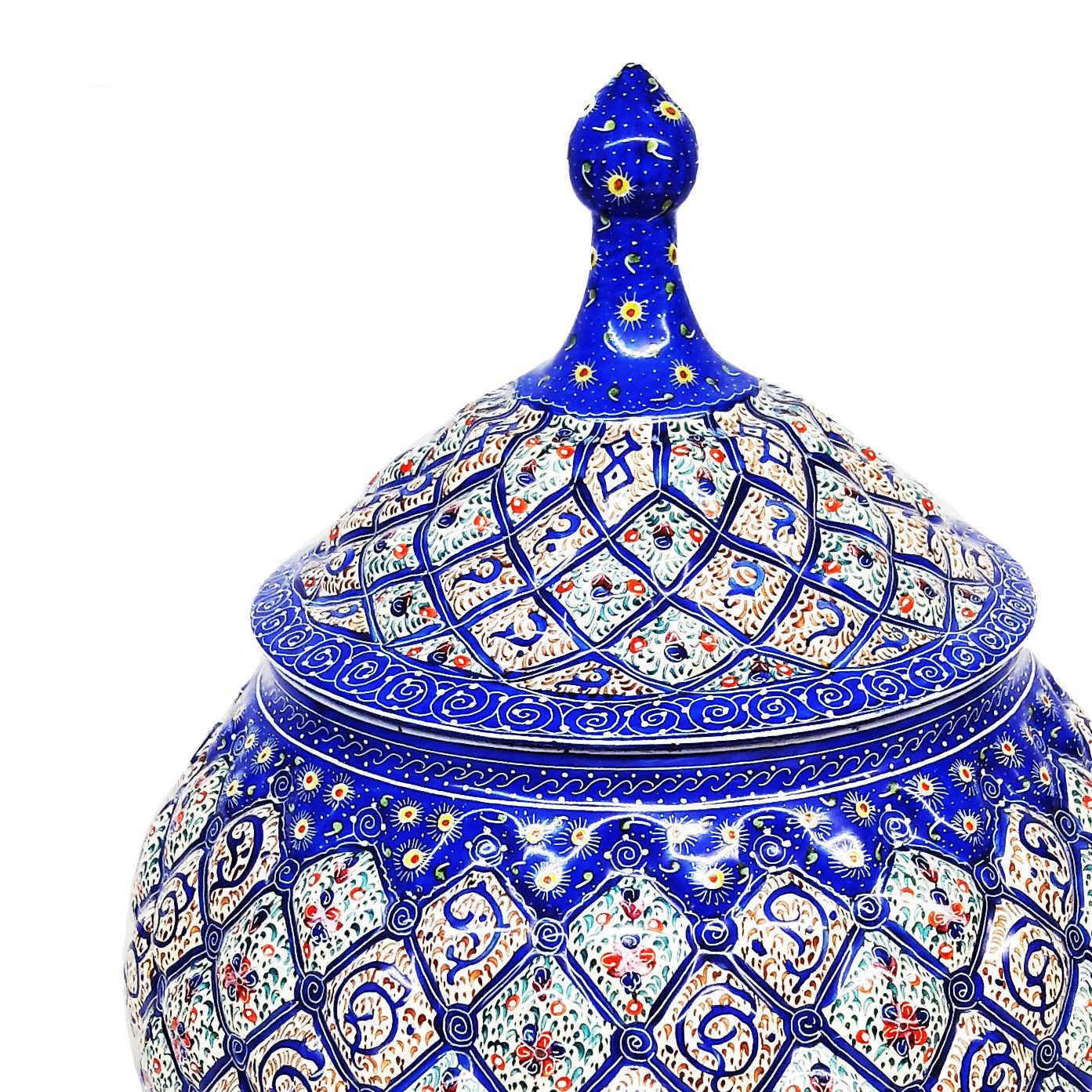 قندان مسی دستساز ایرانی با درب – میناکاری آبی