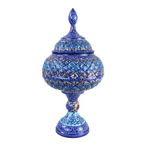 قندان مسی درب‌دار دست‌ساز ایرانی – شمسه میناکاری شده