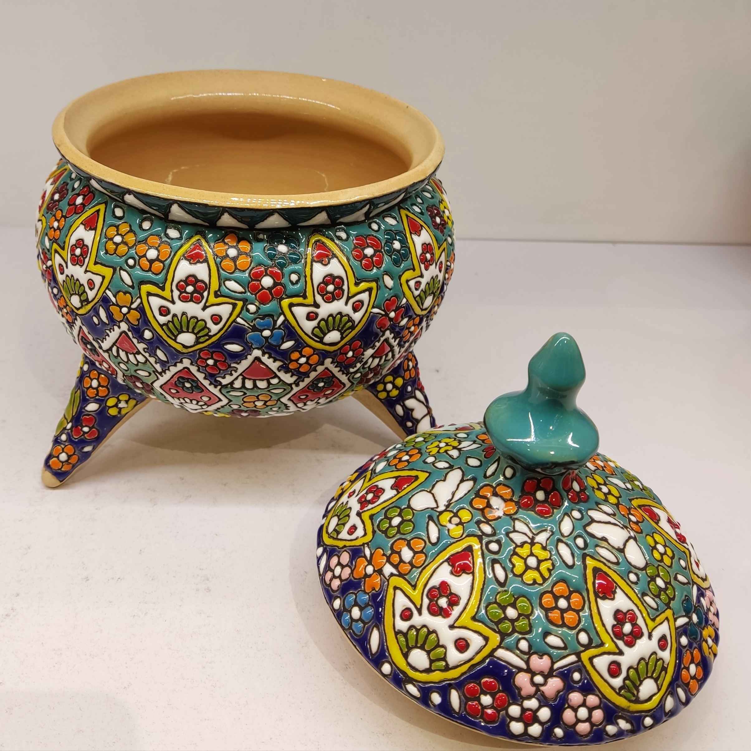قندان سفالی دستساز ایرانی با درب – هنر میناکاری