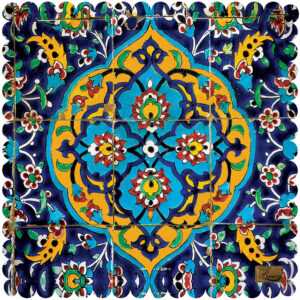 رومیزی مخمل طرح ایرانی ظریف به رنگ آبی کاشیکاری شده