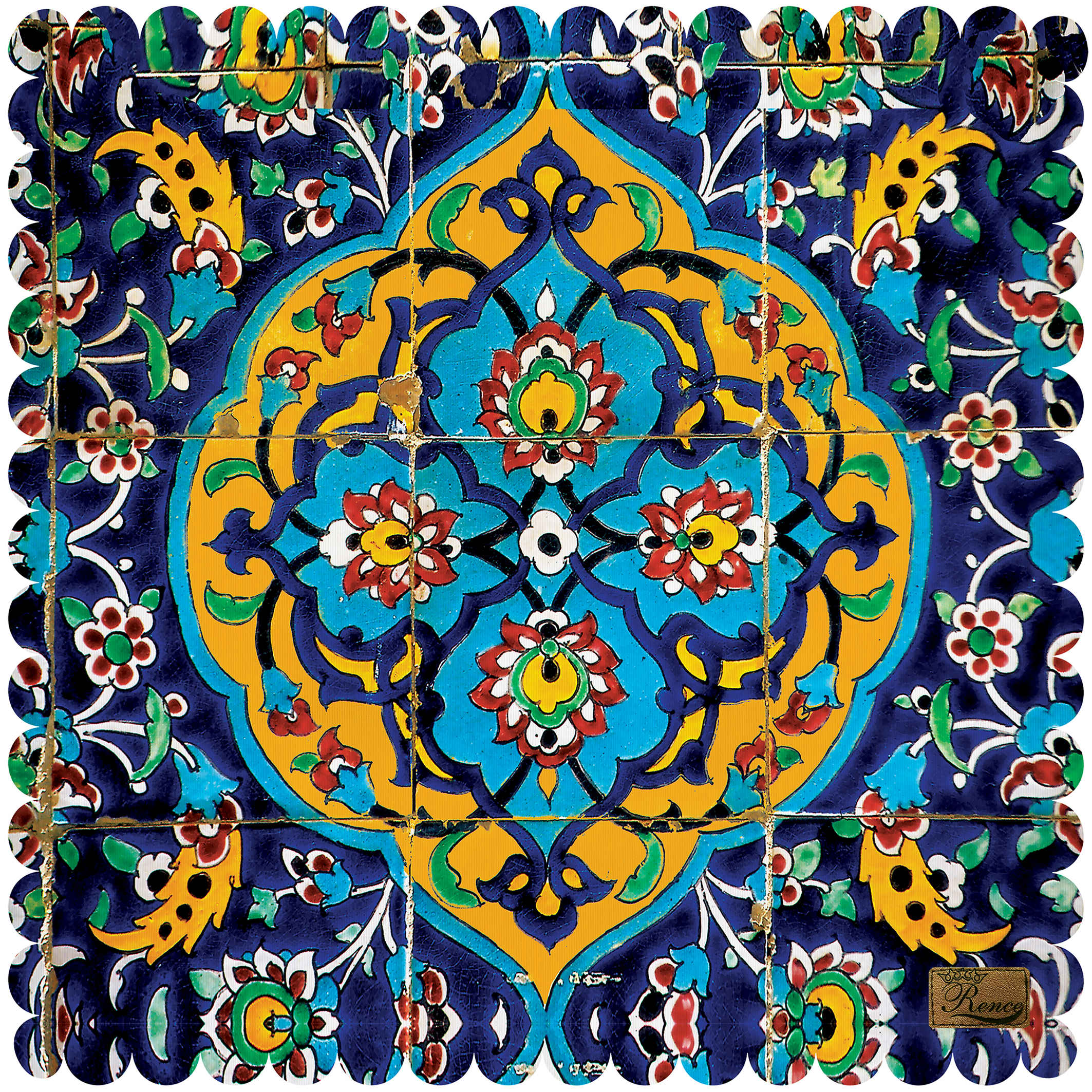 رومیزی مخمل طرح ایرانی ظریف به رنگ آبی کاشیکاری شده