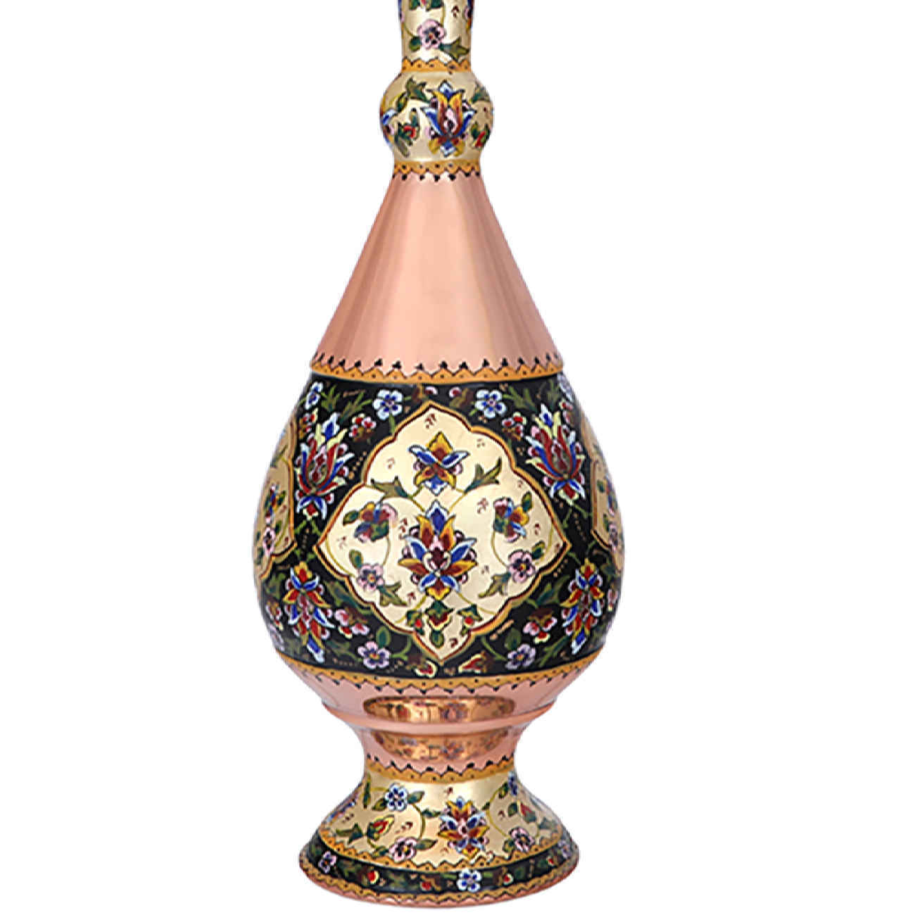 بطری مسی تزئینی دستساز و چکشکاری شده با طرح نقاشی شده با دست