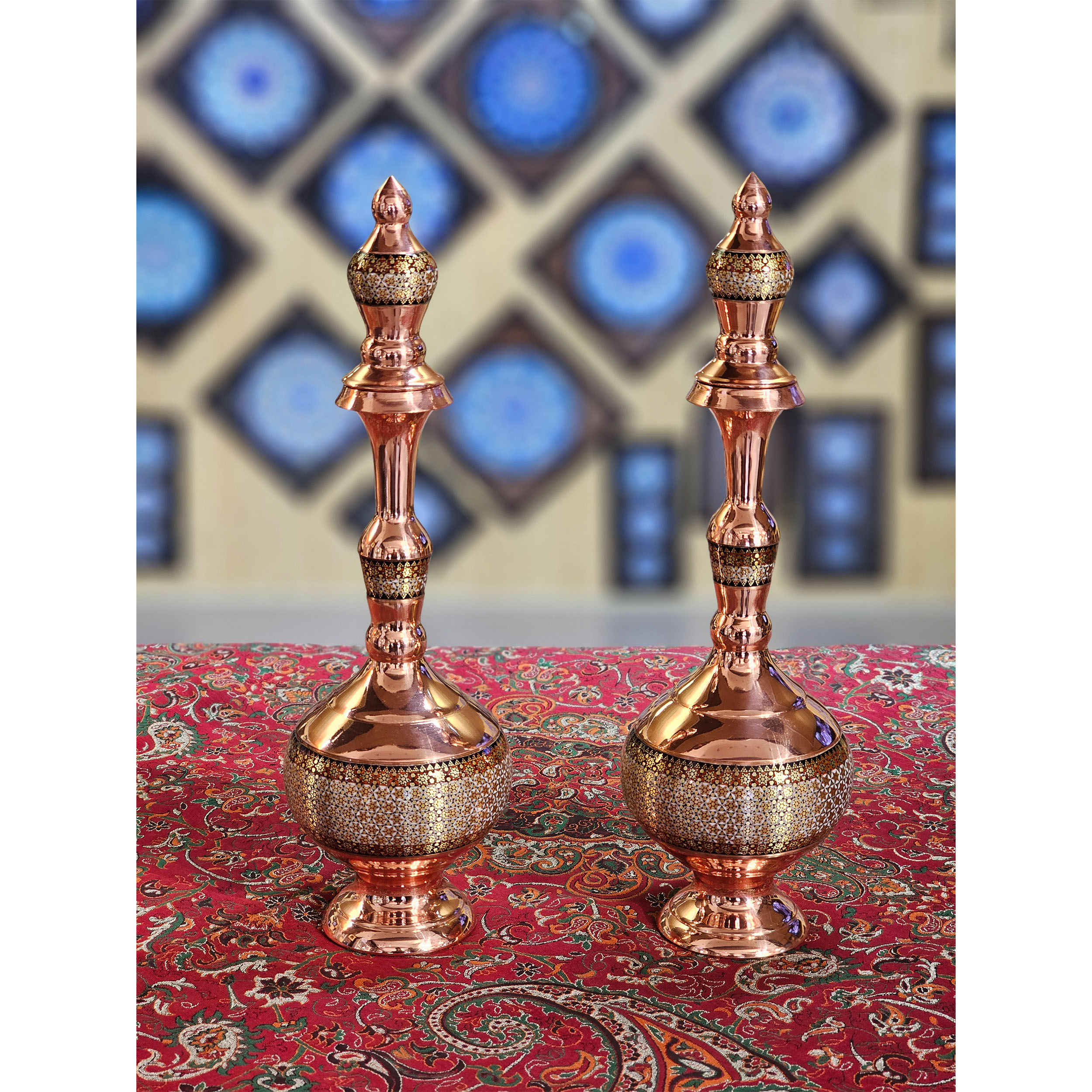 بطری مسی تزئینی با میناکاری ایرانی دست ساز