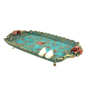 سینی تزئینی پایه دار پلی استر طرح پرنده و گل فیروزه ای