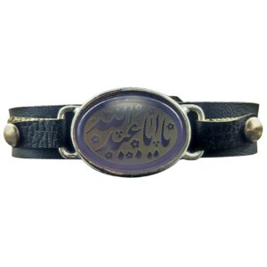 دستبند اسلامی با چرم و سنگ عقیق قابل تنظیم طرح یا ابا عبدالله