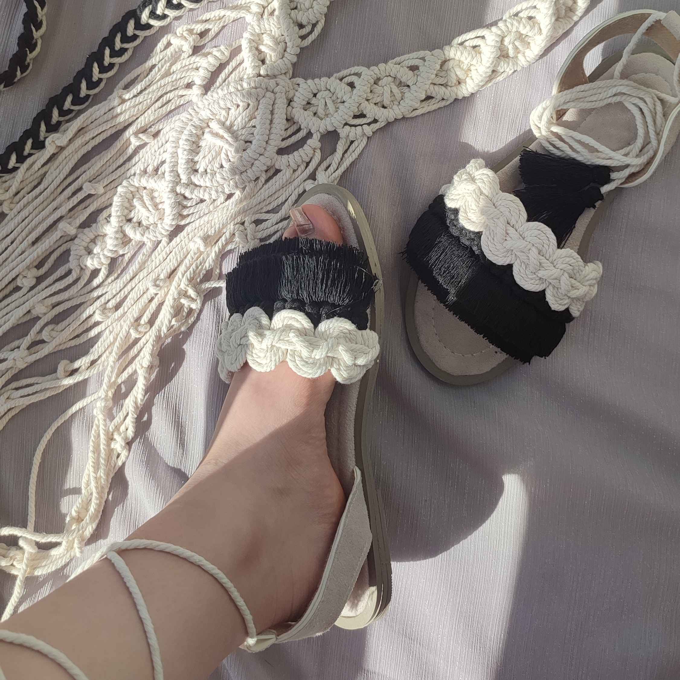 صندلهای تخت Macrame Sling Back با طرح Boho دستساز