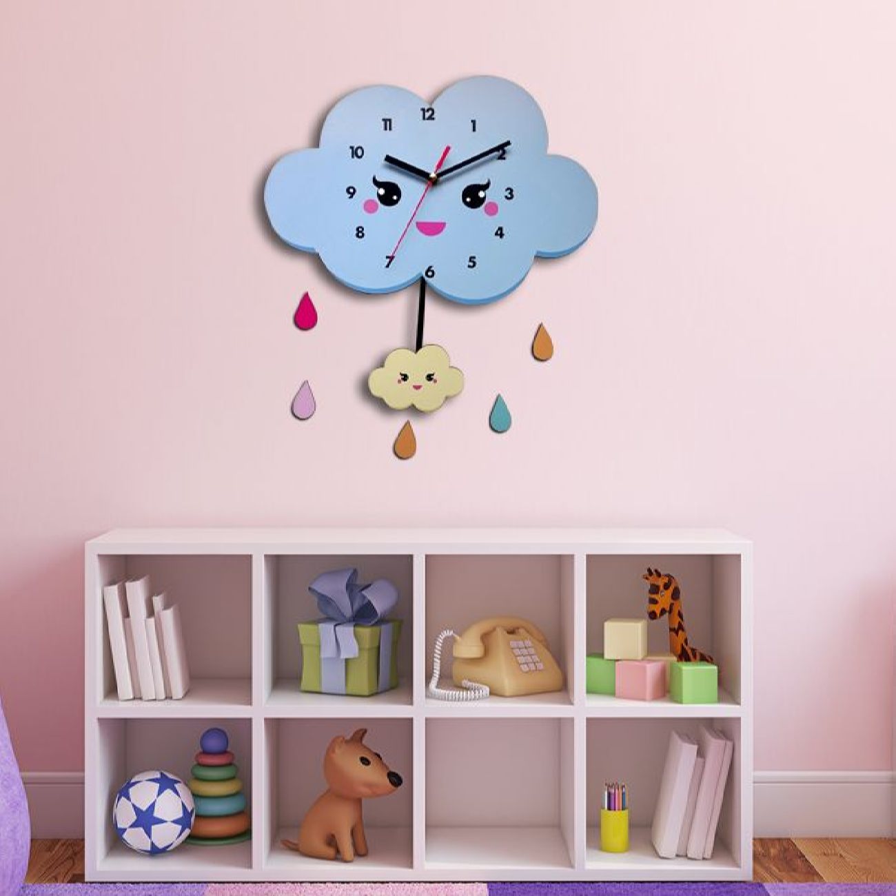 ساعت دیواری چوبی اتاق کودک با طرح ابر شاد