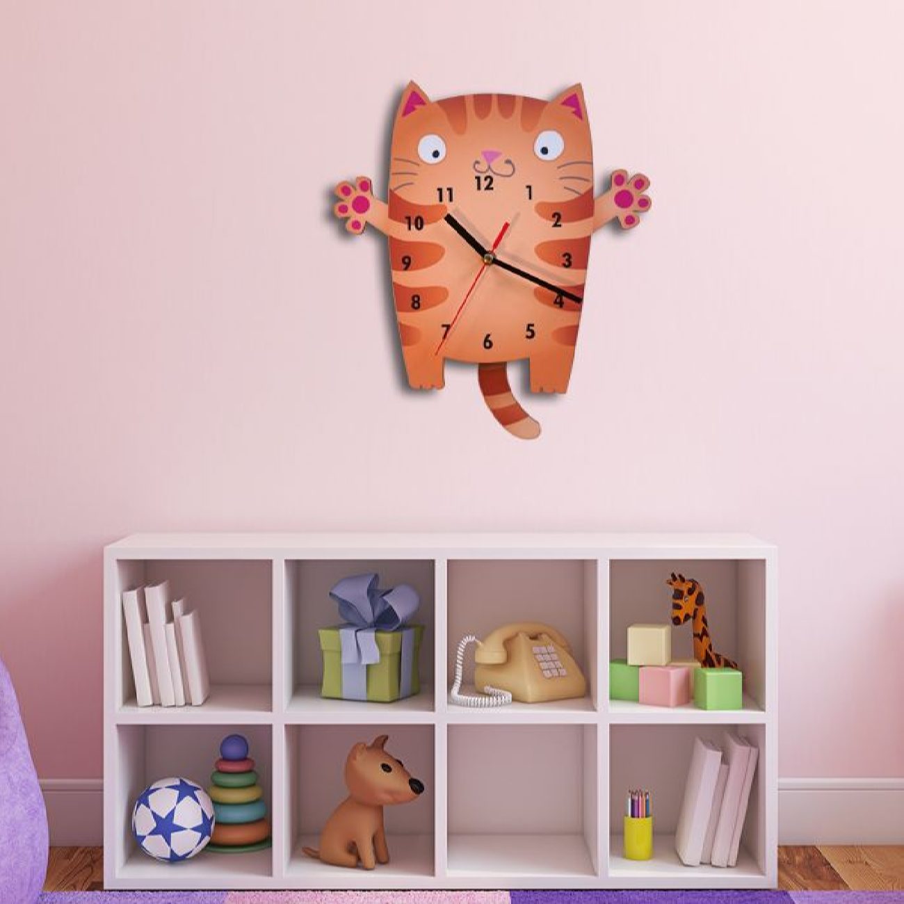 ساعت دیواری چوبی اتاق کودک با طرح گربه