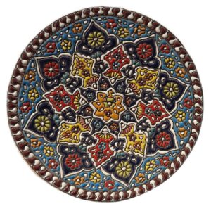 بشقاب سفالی تزئینی به زبان میناکاری ایرانی دست ساز هنر دیواری میناکاری