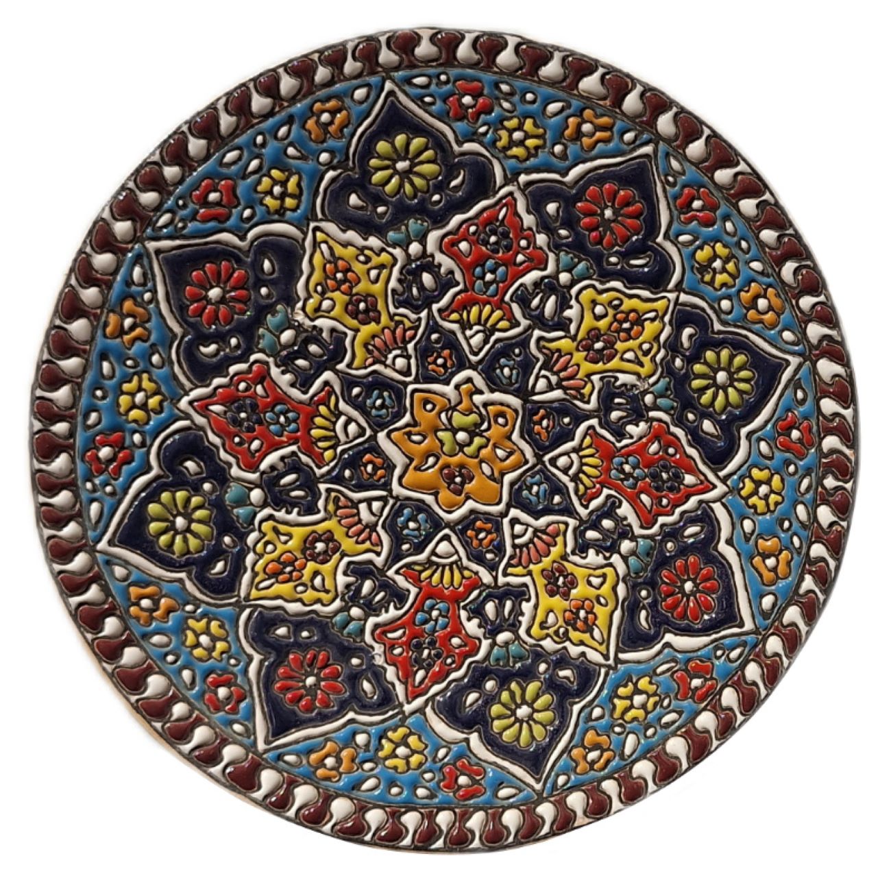 بشقاب سفالی تزئینی به زبان میناکاری ایرانی دست ساز هنر دیواری میناکاری