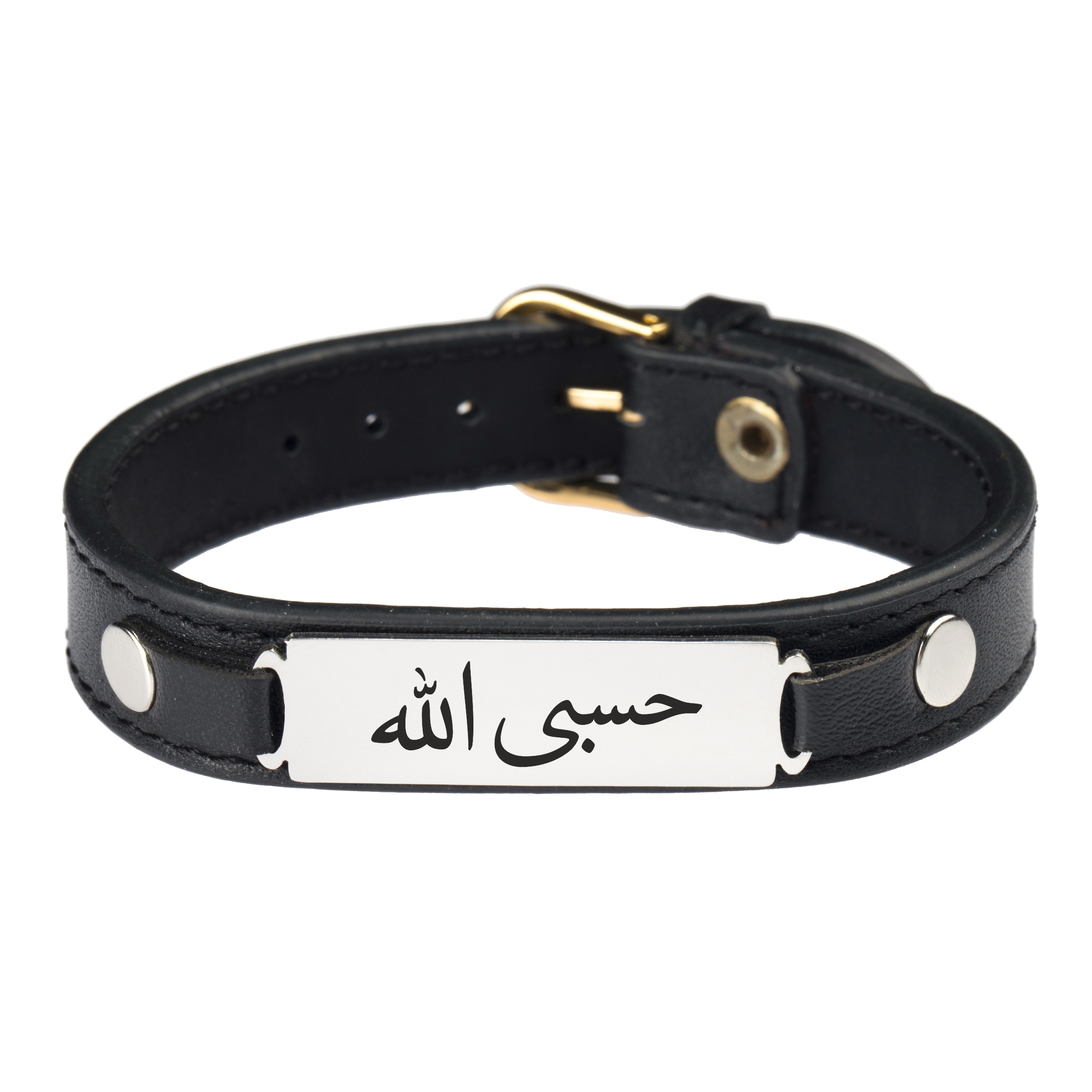 دستبند اسلامی طرح حسبی الله چرم و استیل مشکی