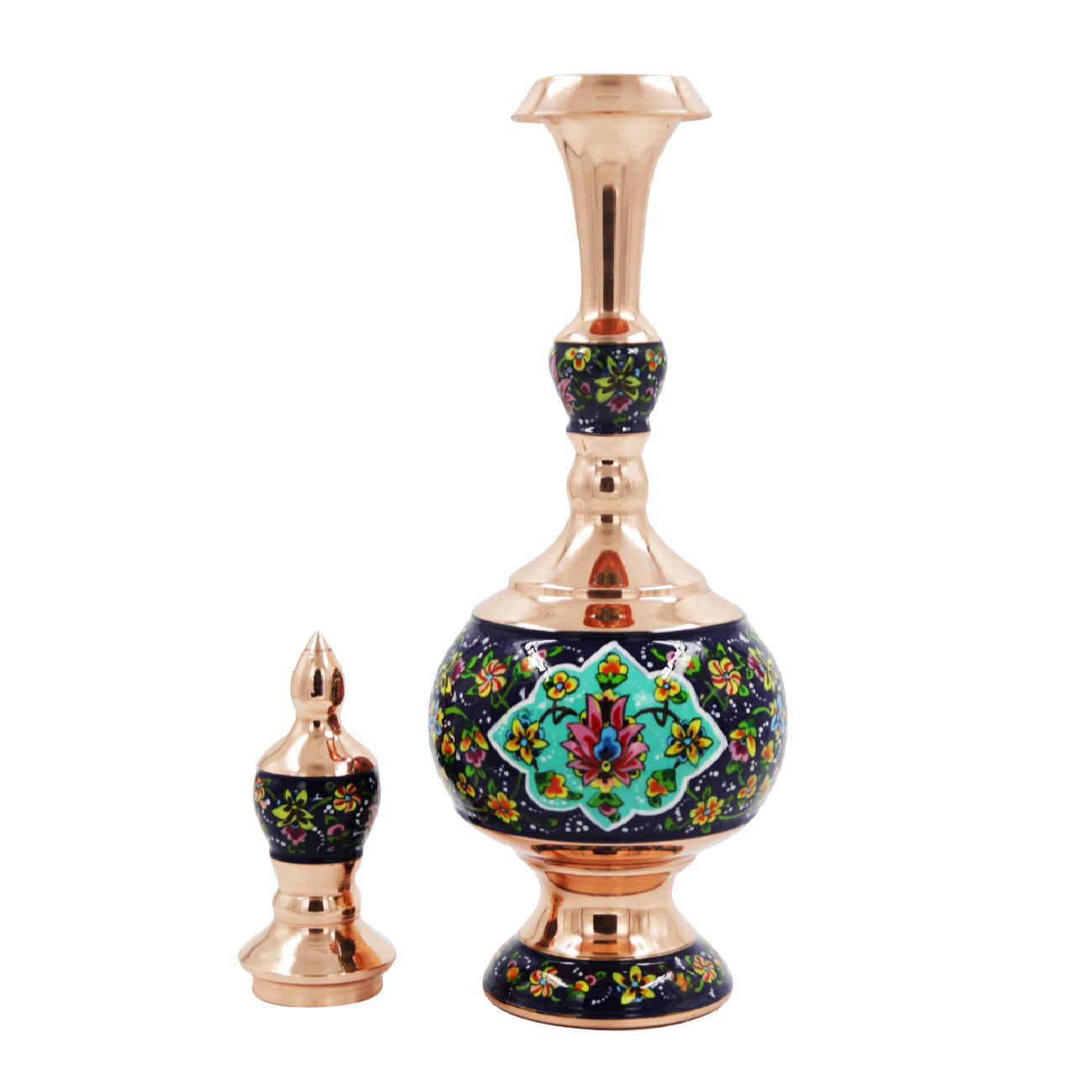 بطری مسی تزئینی میناکاری ایرانی با طرح گل