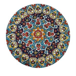 بشقاب سفالی تزئینی به سبک میناکاری ایرانی، هنر دیواری دست‌ساز با گل