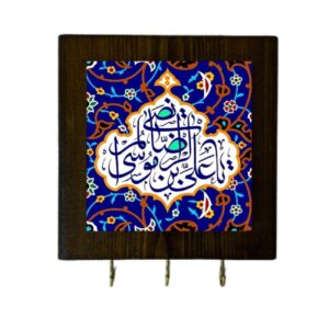 جاکلیدی دیواری طرح کاشی اسلامی با قاب چوبی و 3 قلاب