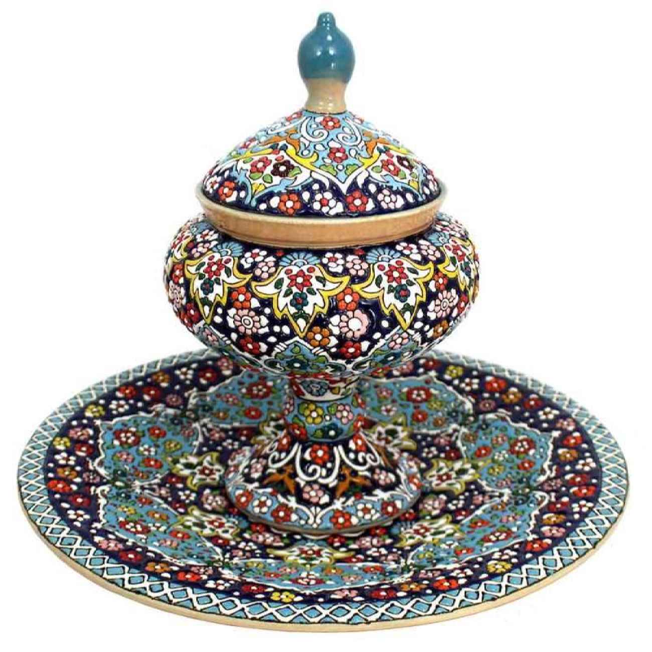 قندان میناکاری طرح گل و بوته با پایه ایرانی