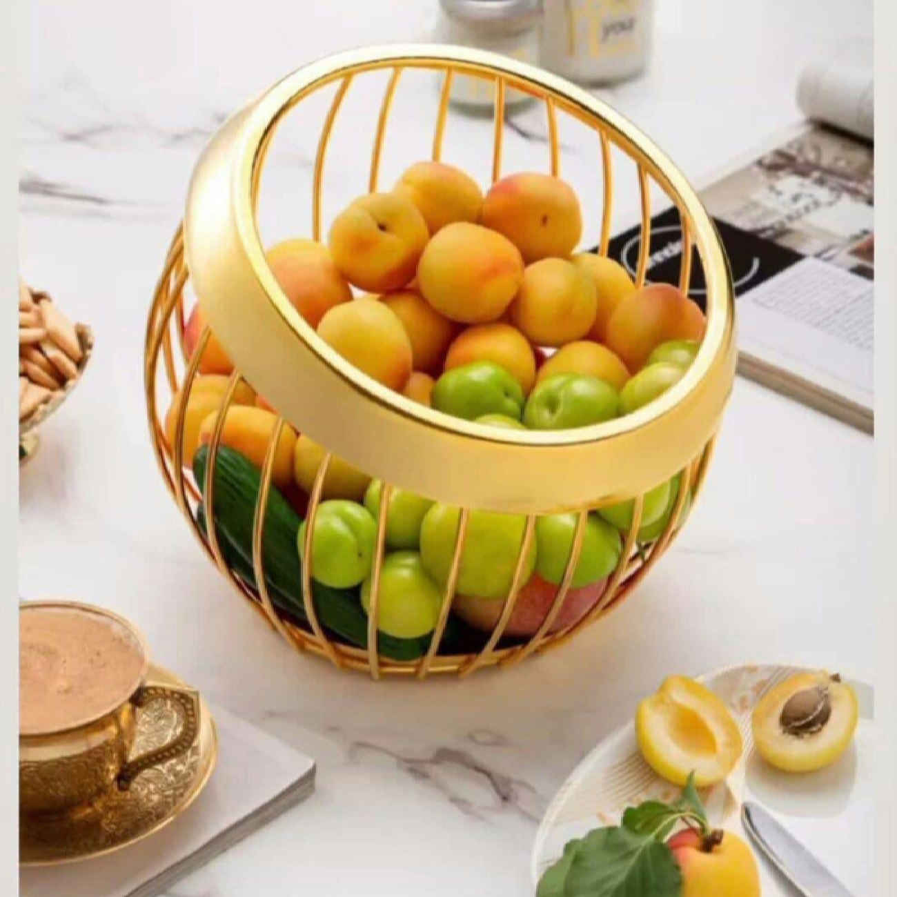 سبد میوه سیمی شیک به رنگ طلایی، کاربردی و شیک