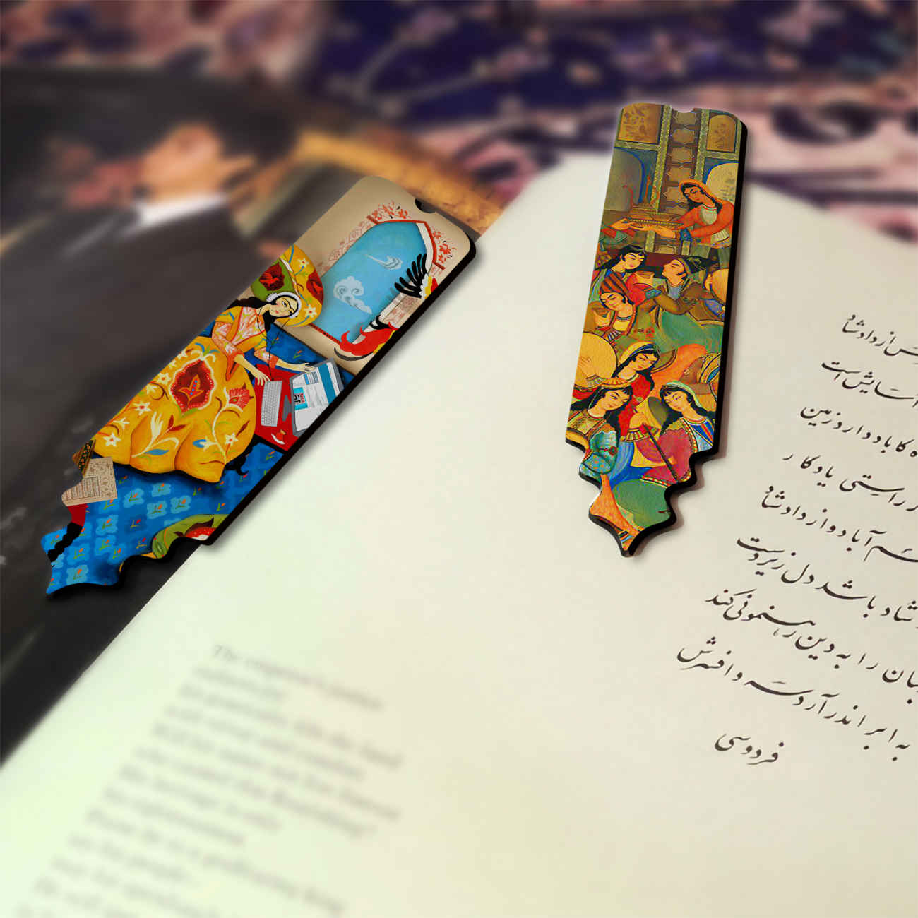 نشانک چوبی هنری با الهام از هنر مینیاتور ایرانی – مجموعه 2 عددی