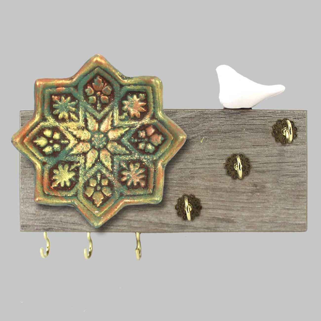جاکلیدی دیواری دکوراتیو طرح شمسه کاشی و پرنده