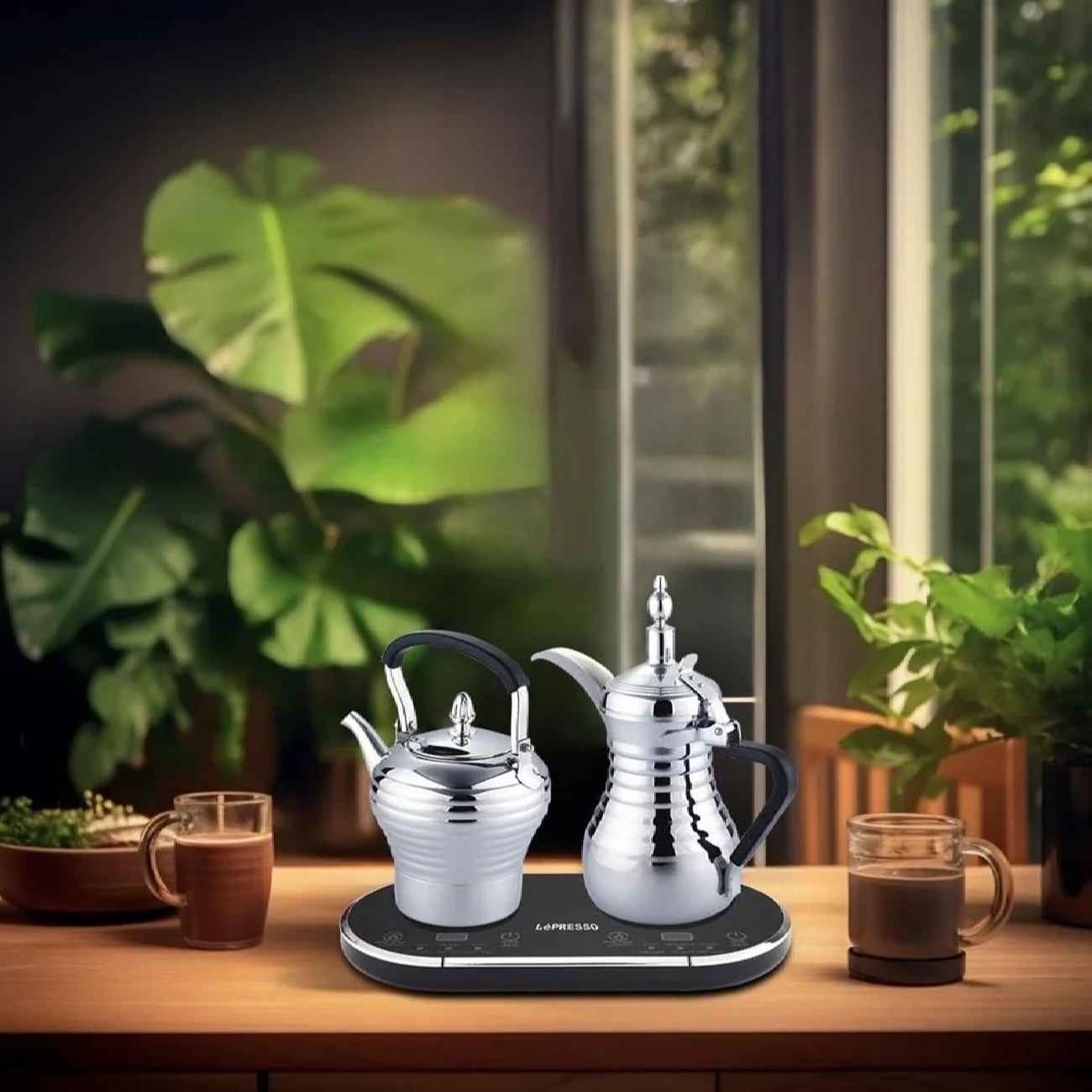 قهوه جوش برقی استیل – ست کتری برقی دوتایی برای قهوه و چای عربی با گرمکن